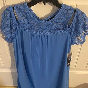 As U Wish Lace Yoke Cold-Shoulder Blouse in Periwinkle Blue